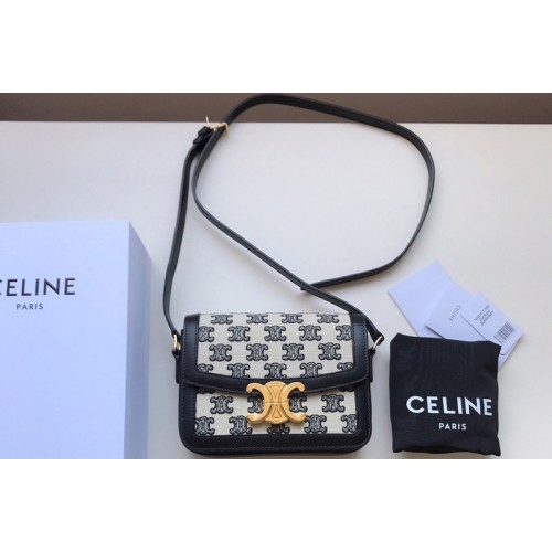 Celine Medium Triomphe bag in Textile with triomphe embroidery and calfskin Black Celine Medium Triomphe bag in Textile with triomphe embroidery and calfskin Black