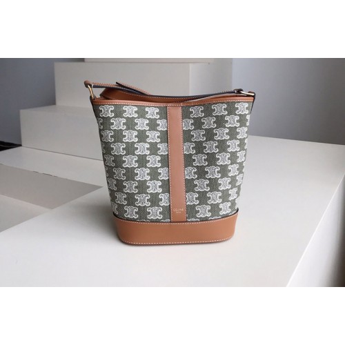 Celine SMALL BUCKET Bag IN Green TEXTILE WITH TRIOMPHE EMBROIDERY Celine SMALL BUCKET Bag IN Green TEXTILE WITH TRIOMPHE EMBROIDERY