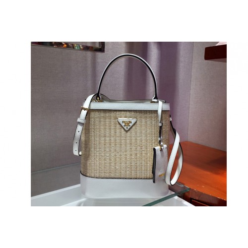 Prada 1BA212 Panier medium straw bags Straw and White Saffiano leather Prada 1BA212 Panier medium straw bags Straw and White Saffiano leather
