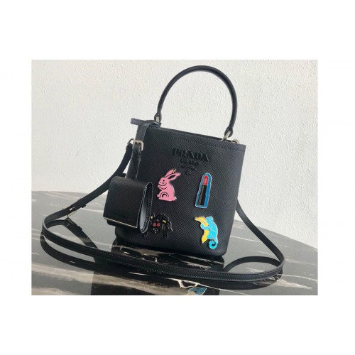 Prada 1BA217 Small Prada Panier bag with appliques in Black Saffiano leather Prada 1BA217 Small Prada Panier bag with appliques in Black Saffiano leather