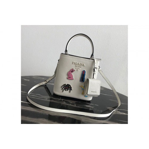 Prada 1BA217 Small Prada Panier bag with appliques in White Saffiano leather Prada 1BA217 Small Prada Panier bag with appliques in White Saffiano leather