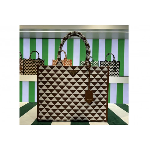 Prada 1BA356 Large Prada Symbole jacquard fabric handbag in Brown White Prada 1BA356 Large Prada Symbole jacquard fabric handbag in Brown White