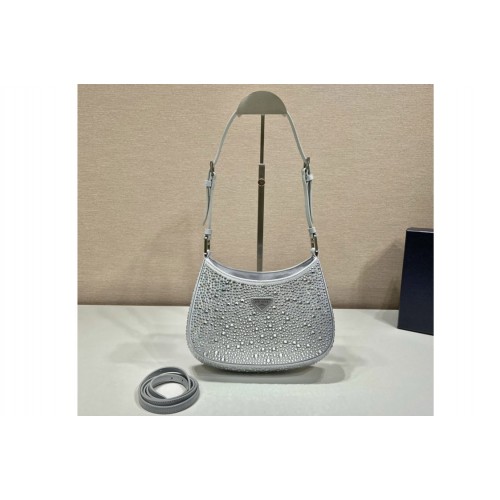 Prada 1BC156 Prada Cleo brushed leather shoulder bag artificial crystals in White Leather Prada 1BC156 Prada Cleo brushed leather shoulder bag artificial crystals in White Leather