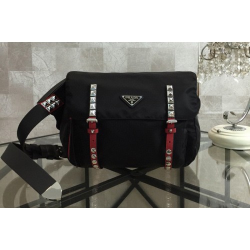Prada 1BL013 Black Belt Bag New Vela In Black Nylon With Red Leather