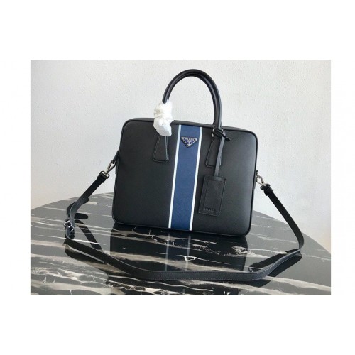 Prada 2VE368 Saffiano Leather Briefcase Bag in Black Saffiano leather With Blue Web Prada 2VE368 Saffiano Leather Briefcase Bag in Black Saffiano leather With Blue Web