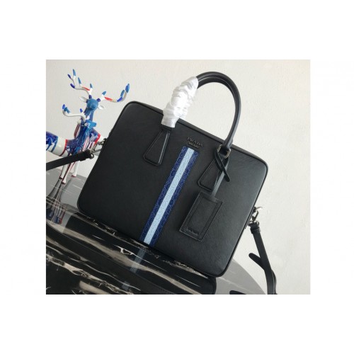 Prada 2VE368 Saffiano Leather Briefcase Bag in Black Saffiano leather With Blue Light Blue Web Prada 2VE368 Saffiano Leather Briefcase Bag in Black Saffiano leather With Blue Light Blue Web