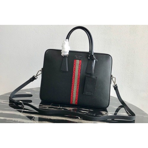 Prada 2VE368 Saffiano Leather Briefcase Bag in Black Saffiano leather With Red Gray Web Prada 2VE368 Saffiano Leather Briefcase Bag in Black Saffiano leather With Red Gray Web