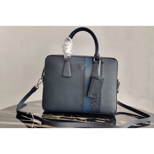 Prada 2VE368 Saffiano Leather Briefcase Bag in Navy Blue Saffiano leather With Blue Web Prada 2VE368 Saffiano Leather Briefcase Bag in Navy Blue Saffiano leather With Blue Web