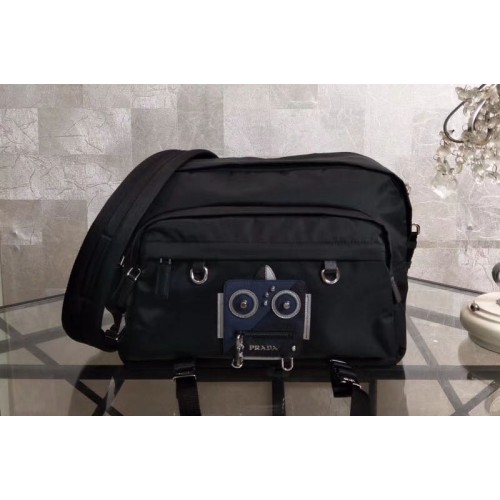 Prada Nylon Messenger Bag with Navy Black Robot Applique 2VH025 Prada Nylon Messenger Bag with Navy Black Robot Applique 2VH025