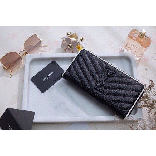 YSL Monogram Zip Around Wallet in Black Grain de Poudre Embossed Leather With Black YSL YSL Monogram Zip Around Wallet in Black Grain de Poudre Embossed Leather With Black YSL