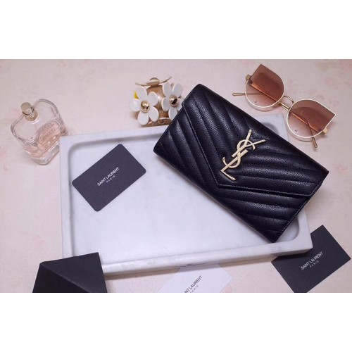 YSL Monogram Large Flap Wallet in Black Grain de Poudre Embossed Leather Gold Hardware YSL Monogram Large Flap Wallet in Black Grain de Poudre Embossed Leather Gold Hardware