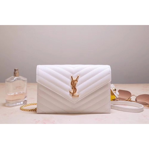 YSL Envelope Chain Wallet Bags In White Grain De Poudre Embossed Leather YSL Envelope Chain Wallet Bags In White Grain De Poudre Embossed Leather