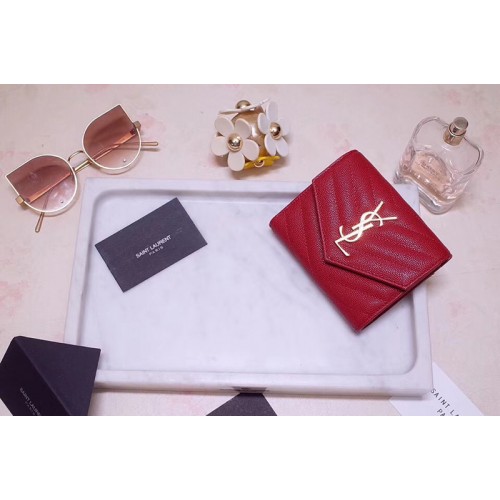 YSL Monogram Compact Tri Fold Wallet In Red Grain De Poudre Embossed Leather Gold YSL YSL Monogram Compact Tri Fold Wallet In Red Grain De Poudre Embossed Leather Gold YSL