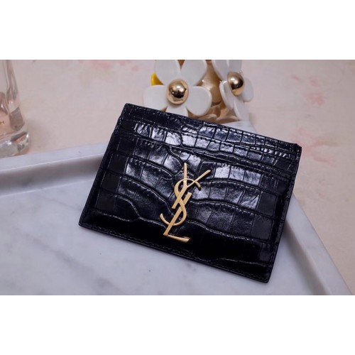 YSL Monogram Card Case In Black Shiny Crocodile Embossed Leather Gold YSL YSL Monogram Card Case In Black Shiny Crocodile Embossed Leather Gold YSL