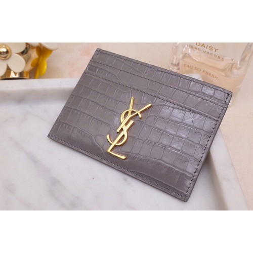YSL Monogram Card Case In Gray Shiny Crocodile Embossed Leather Gold YSL YSL Monogram Card Case In Gray Shiny Crocodile Embossed Leather Gold YSL