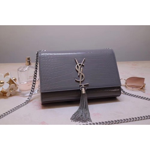 YSL Kate Small With Tassel Bags In Gray Embossed Crocodile Shiny Leather YSL Kate Small With Tassel Bags In Gray Embossed Crocodile Shiny Leather