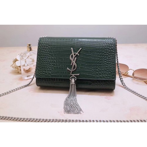 YSL Kate Small With Tassel Bags In Green Embossed Crocodile Shiny Leather YSL Kate Small With Tassel Bags In Green Embossed Crocodile Shiny Leather