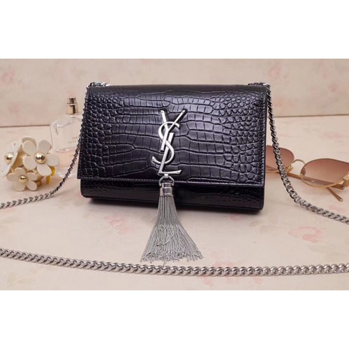 YSL Kate Small With Tassel Bags In Black Embossed Crocodile Shiny Leather Silver Hardware YSL Kate Small With Tassel Bags In Black Embossed Crocodile Shiny Leather Silver Hardware