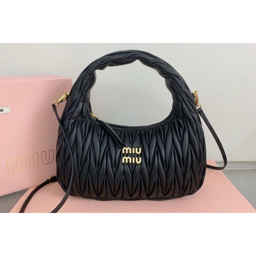 Miu Miu 5BC108 Wander matelasse nappa leather hobo bag in Black Leather Miu Miu 5BC108 Wander matelasse nappa leather hobo bag in Black Leather