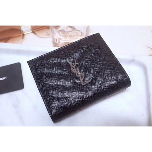 YSL Monogram Zipped Card Case in Black Grain de Poudre Embossed Leather Silver YSL YSL Monogram Zipped Card Case in Black Grain de Poudre Embossed Leather Silver YSL