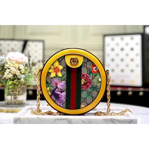 Gucci Ophidia Flora mini round shoulder bag Beige ebony Supreme canvas with Flora print Gucci Ophidia Flora mini round shoulder bag Beige ebony Supreme canvas with Flora print