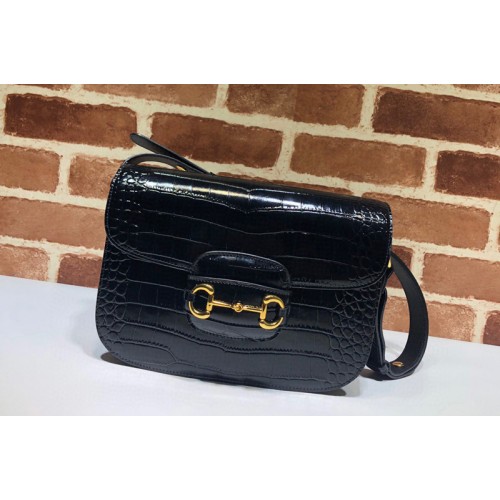 Gucci 1955 Horsebit shoulder bag in Black Crocodile Embossed Leather Gucci 1955 Horsebit shoulder bag in Black Crocodile Embossed Leather