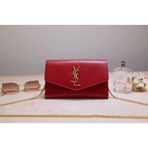 YSL Uptown Chain Wallet In Red Grain de Poudre Embossed Leather YSL Uptown Chain Wallet In Red Grain de Poudre Embossed Leather