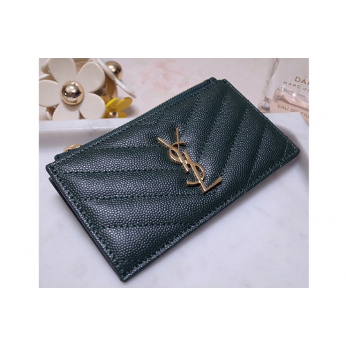 YSL Monogram Fragments Zippered Card Case in Green Grain de Poudre Embossed Leather YSL Monogram Fragments Zippered Card Case in Green Grain de Poudre Embossed Leather
