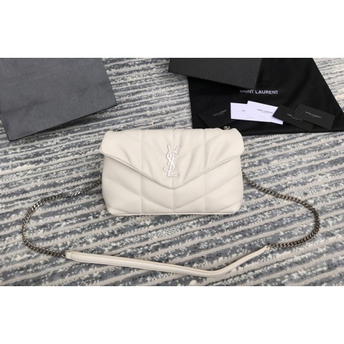 YSL Puffer Mini Bag in White Quilted Lambskin Leather With Silver Chain YSL Puffer Mini Bag in White Quilted Lambskin Leather With Silver Chain