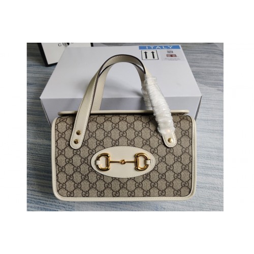Gucci Horsebit 1955 small top handle bag in Beige ebony Supreme canvas with White Gucci Horsebit 1955 small top handle bag in Beige ebony Supreme canvas with White