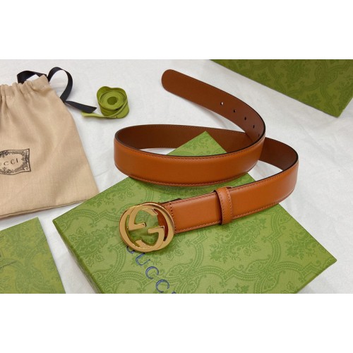 Women Gucci 30mm Thin belt with Interlocking G buckle in Brown Leather With Gold Buckle Women Gucci 30mm Thin belt with Interlocking G buckle in Brown Leather With Gold Buckle