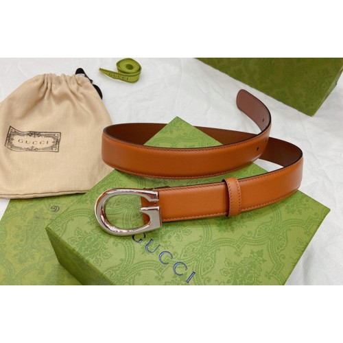 Women Gucci 30mm Thin belt with G buckle in Brown Leather With Silver Buckle Women Gucci 30mm Thin belt with G buckle in Brown Leather With Silver Buckle
