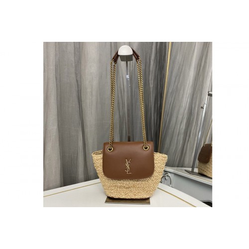 YSL MINI MANON BASKET BAG IN RAFFIA AND AGED VEGETABLE-TANNED LEATHER YSL MINI MANON BASKET BAG IN RAFFIA AND AGED VEGETABLE-TANNED LEATHER