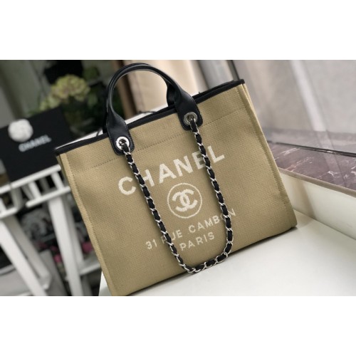 Chanel A66941 Shopping Bag Khaki Mixed Fibers With White Print and Calfskin Chanel A66941 Shopping Bag Khaki Mixed Fibers With White Print and Calfskin