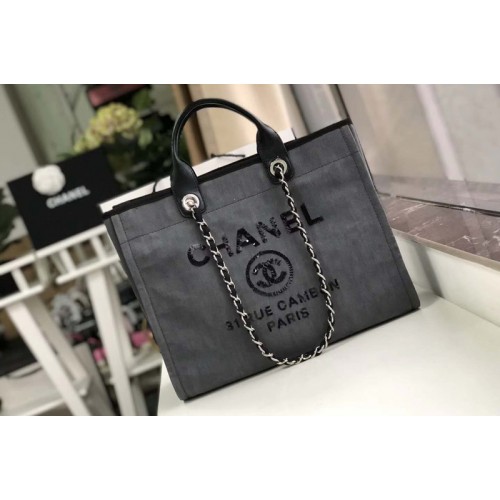 Chanel A66941 Shopping Bag Gray Mixed Fibers With Black Print and Calfskin Chanel A66941 Shopping Bag Gray Mixed Fibers With Black Print and Calfskin
