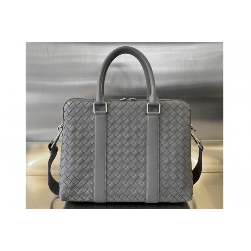 Bottega Veneta Slim Intrecciato Briefcase Bag in Grey Leather Bottega Veneta Slim Intrecciato Briefcase Bag in Grey Leather