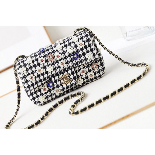 Chanel A69900 Mini Classic Handbag in Embroidered Tweed, Imitation Pearls, Strass Chanel A69900 Mini Classic Handbag in Embroidered Tweed, Imitation Pearls, Strass