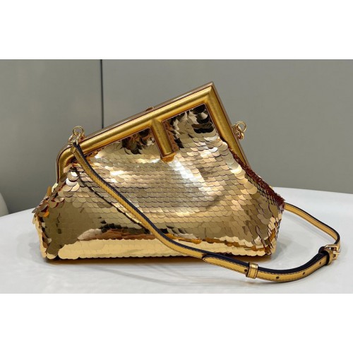 Fendi 8BP129 Fendi First Small Bag in Gold-colored leather and sequinned Fendi 8BP129 Fendi First Small Bag in Gold-colored leather and sequinned