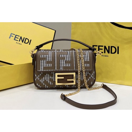 Fendi 8BS017 Baguette Mini bag in Brown houndstooth wool with FF embroidery Fendi 8BS017 Baguette Mini bag in Brown houndstooth wool with FF embroidery