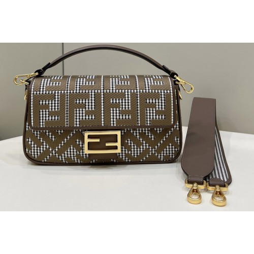 Fendi 8BR600 Baguette medium bag in Brown houndstooth wool with FF embroidery Fendi 8BR600 Baguette medium bag in Brown houndstooth wool with FF embroidery