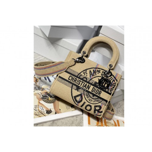 Dior M0565 Christian Dior Medium Lady d-lite bag in Beige Jute Canvas Embroidered with Dior Union Motif Dior M0565 Christian Dior Medium Lady d-lite bag in Beige Jute Canvas Embroidered with Dior Union Motif