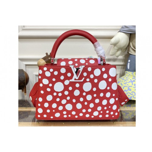Louis Vuitton M21692 LVxYK Capucines MM Bag in Red and white Taurillon bull calf leather with Infinity Dots print Louis Vuitton M21692 LVxYK Capucines MM Bag in Red and white Taurillon bull calf leather with Infinity Dots print
