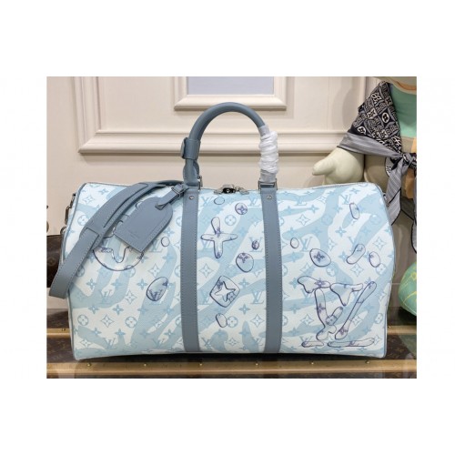 Louis Vuitton M22570 Keepall Bandoulière 50 Bag in Crystal Blue Monogram Aquagarden coated canvas Louis Vuitton M22570 Keepall Bandoulière 50 Bag in Crystal Blue Monogram Aquagarden coated canvas