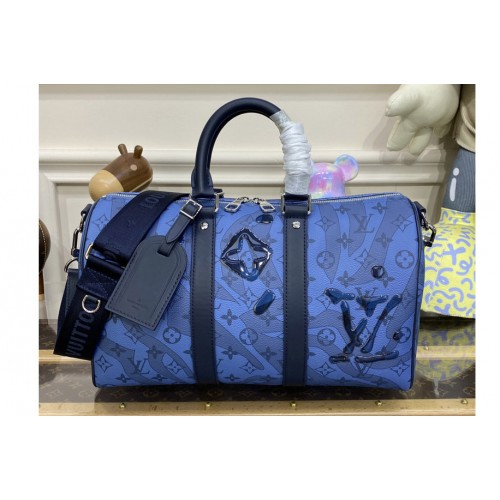 Louis Vuitton M22573 Keepall Bandoulière 35 Bag in Abyss Blue Monogram Aquagarden coated canvas Louis Vuitton M22573 Keepall Bandoulière 35 Bag in Abyss Blue Monogram Aquagarden coated canvas