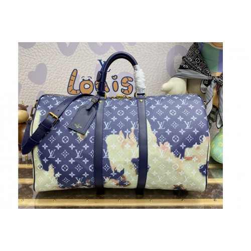 Louis Vuitton M23773 Keepall Bandoulière 50 Bag in Ink Blue Monogram Bleach coated canvas Louis Vuitton M23773 Keepall Bandoulière 50 Bag in Ink Blue Monogram Bleach coated canvas