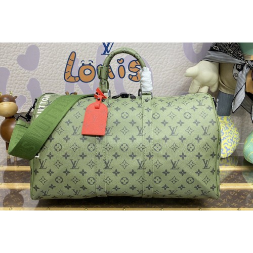 Louis Vuitton M23962 Keepall Bandoulière 45 Bag in Khaki Green Vermillion Red Monogram coated canvas Louis Vuitton M23962 Keepall Bandoulière 45 Bag in Khaki Green Vermillion Red Monogram coated canvas