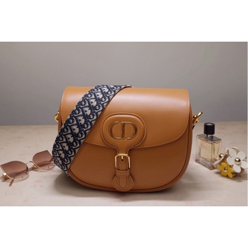 Christian Dior M9320 Large Dior Bobby Bag in Dark Tan Box Calfskin with Blue Dior Oblique Embroidered Strap Christian Dior M9320 Large Dior Bobby Bag in Dark Tan Box Calfskin with Blue Dior Oblique Embroidered Strap