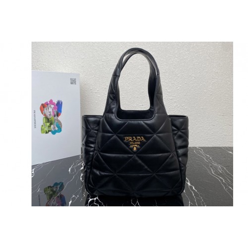 Prada 1BG451 Small nappa-leather tote bag with topstitching in Black Leather Prada 1BG451 Small nappa-leather tote bag with topstitching in Black Leather