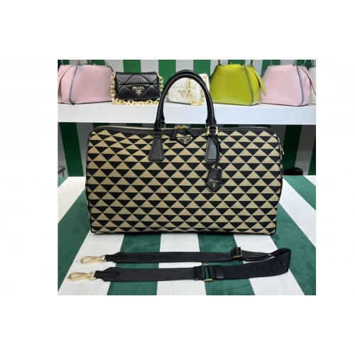 Prada 2VC018 Large Prada Symbole embroidered fabric travel bag in Black Beige Prada 2VC018 Large Prada Symbole embroidered fabric travel bag in Black Beige