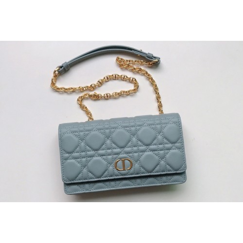 Christian Dior S5091 Dior Caro belt pouch With Chain Bag in Light Blue Supple Cannage Calfskin Christian Dior S5091 Dior Caro belt pouch With Chain Bag in Light Blue Supple Cannage Calfskin